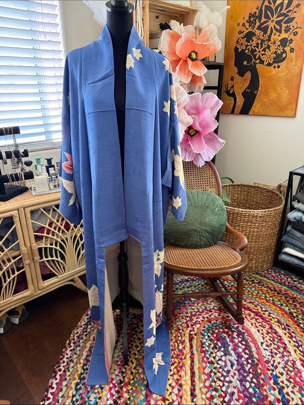 Vintage Traditional Japanese Blue Floral Boho Hippie Garden Yukata Kimono Duster